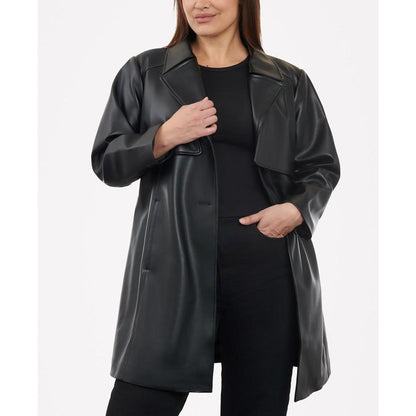 Women's Plus Size Belted Faux-Leather Trench Coat