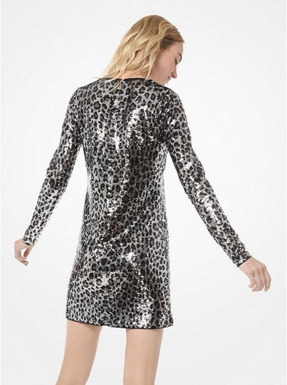 Leopard Sequined Long-Sleeve Dress