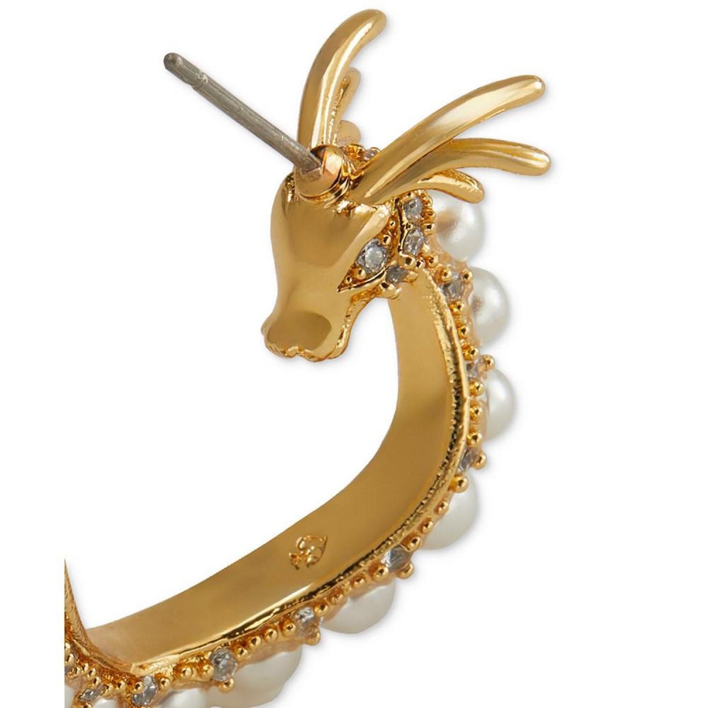 Gold-Tone Medium Pavé & Imitation Pearl Dragon Hoop Earrings, 1.18"