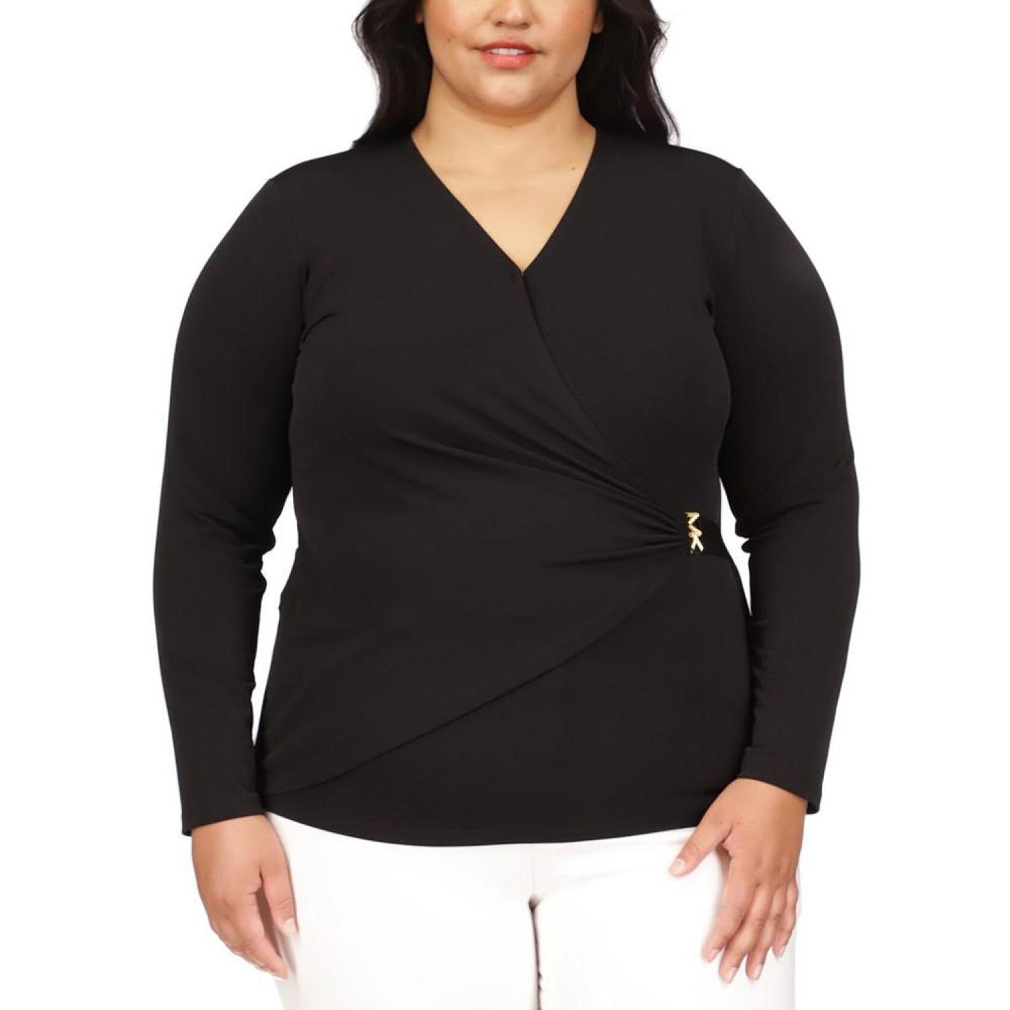 Plus Size Faux-Wrap Logo-Hardware Top