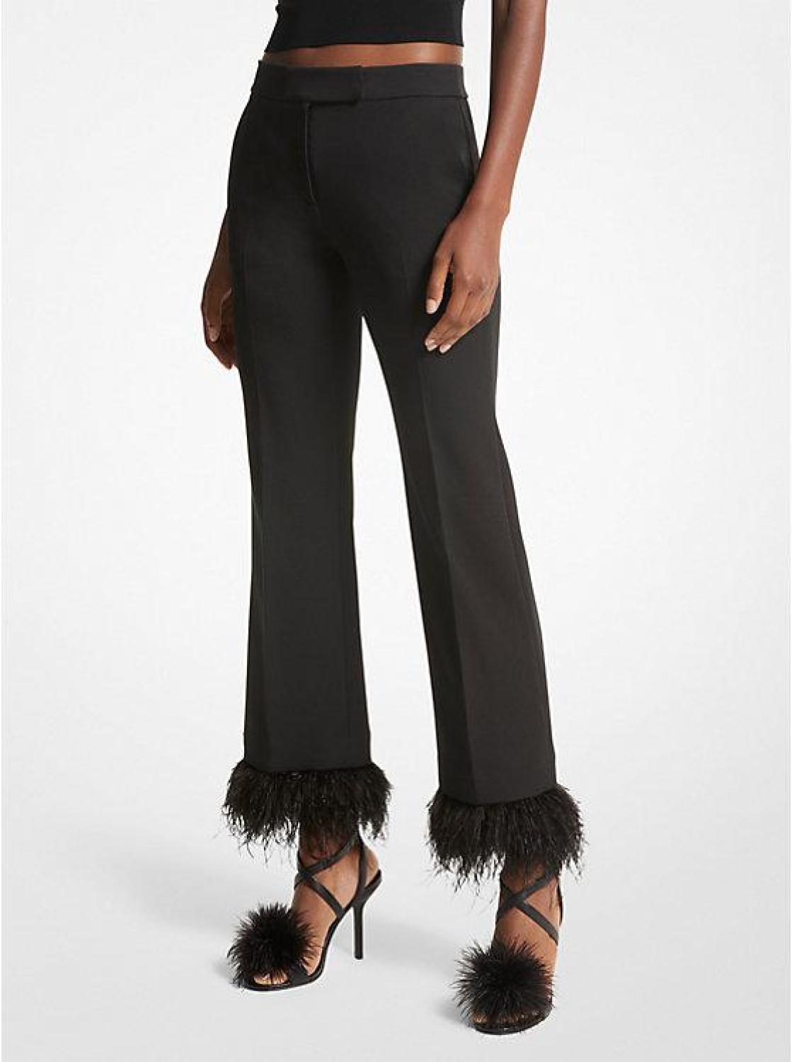 Detachable Feather Trim Stretch Crepe Pants