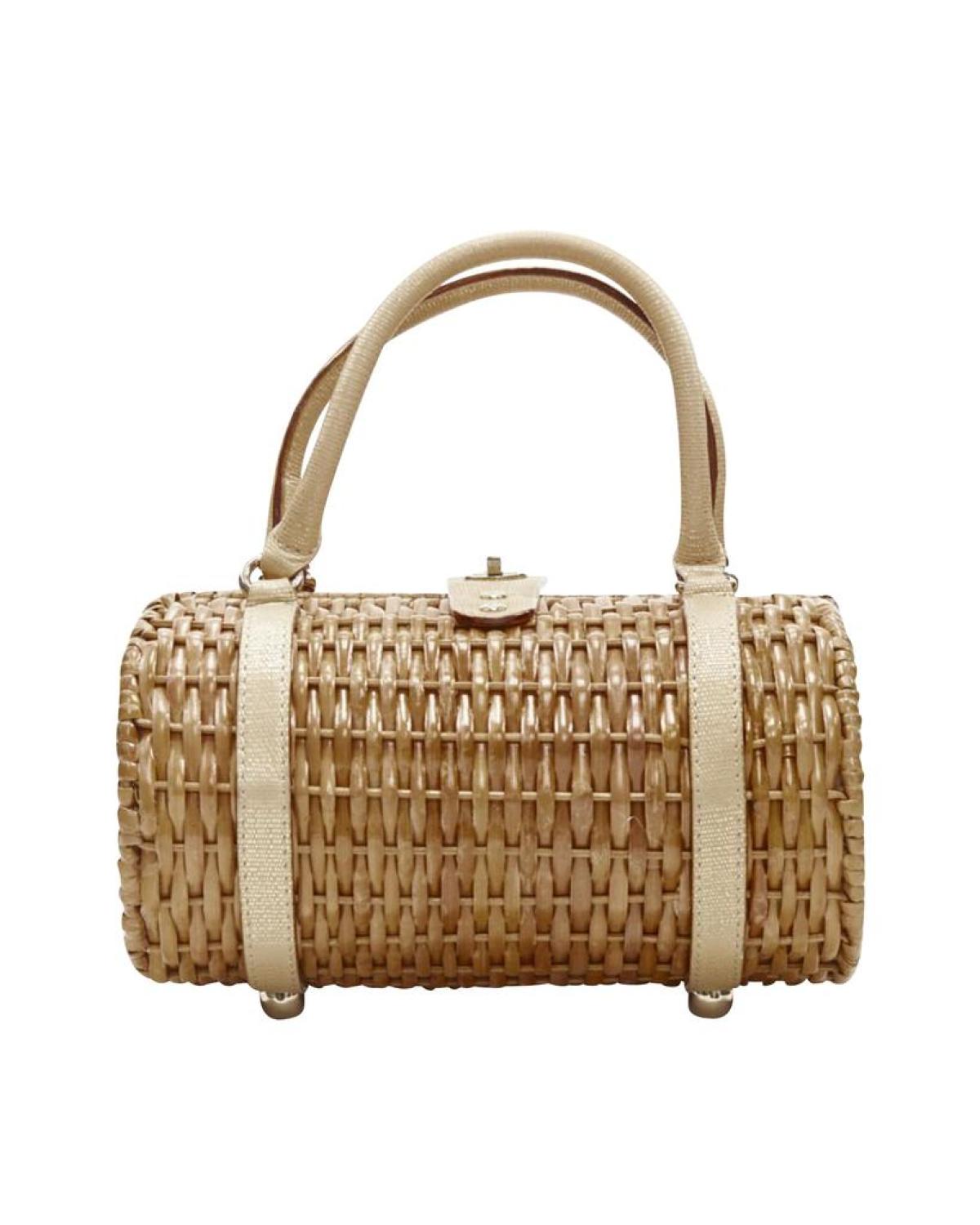 KATE SPADE brown bamboo rattan wicker metallic leather handle log bag