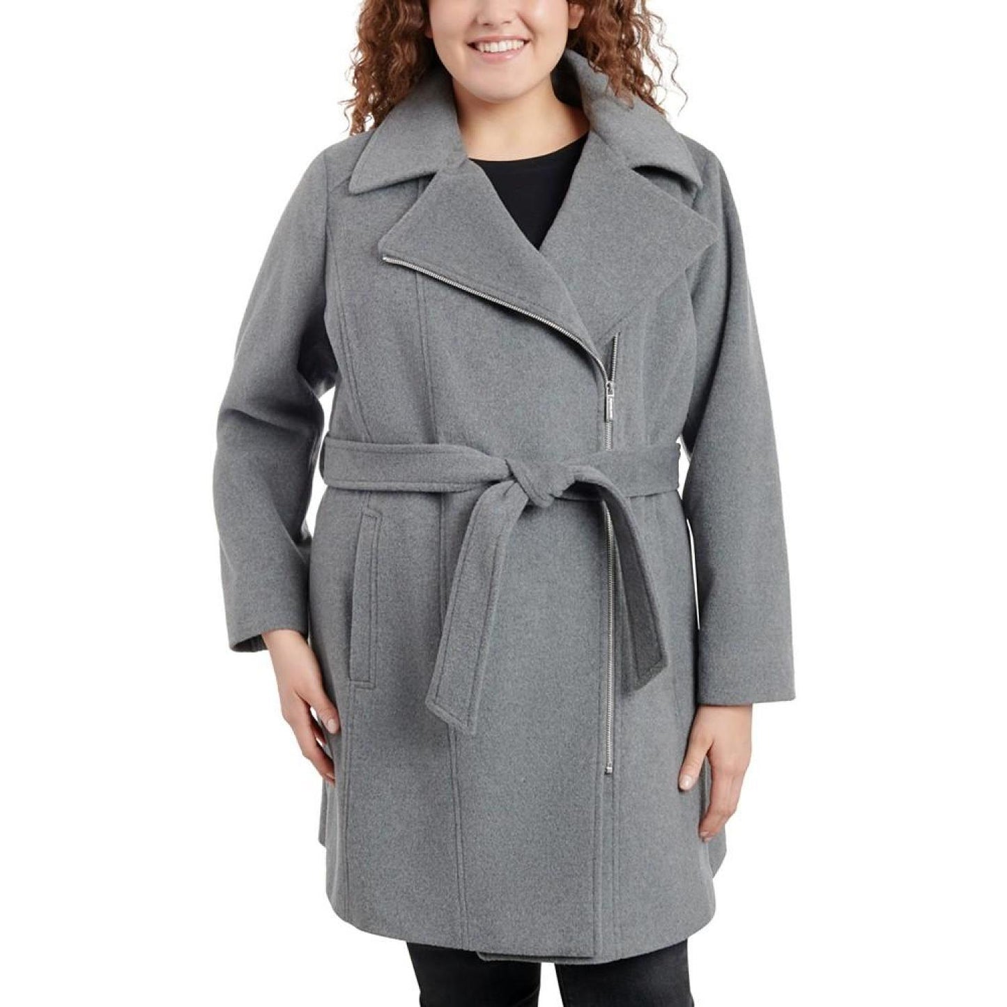 Women's Plus Size Asymmetric Belted Wrap Coat