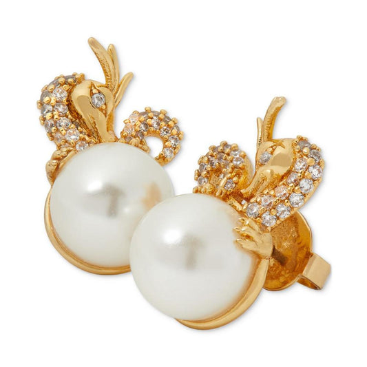 Gold-Tone Pavé & Imitation Pearl Dragon Stud Earrings