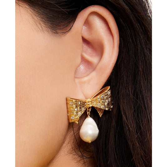 Gold-Tone Wrapped in a Bow Imitation Pearl Drop Earrings