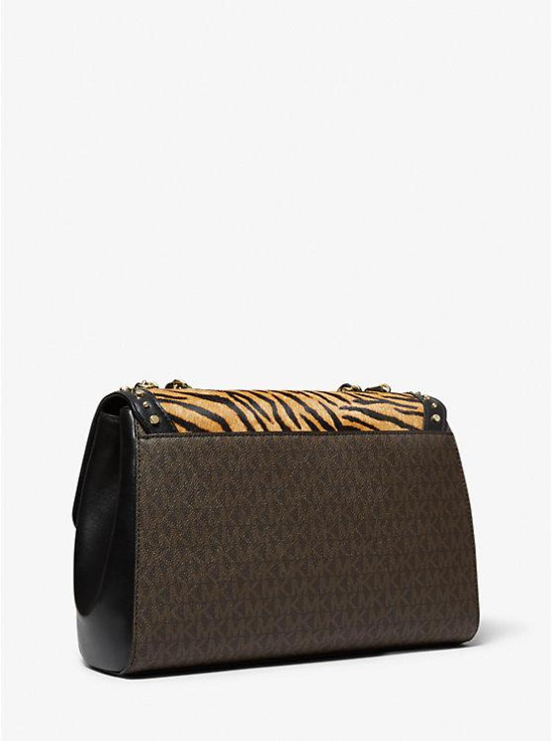 Parker Extra-Large Studded Tiger Print Calf Hair and Logo Shoulder Bag