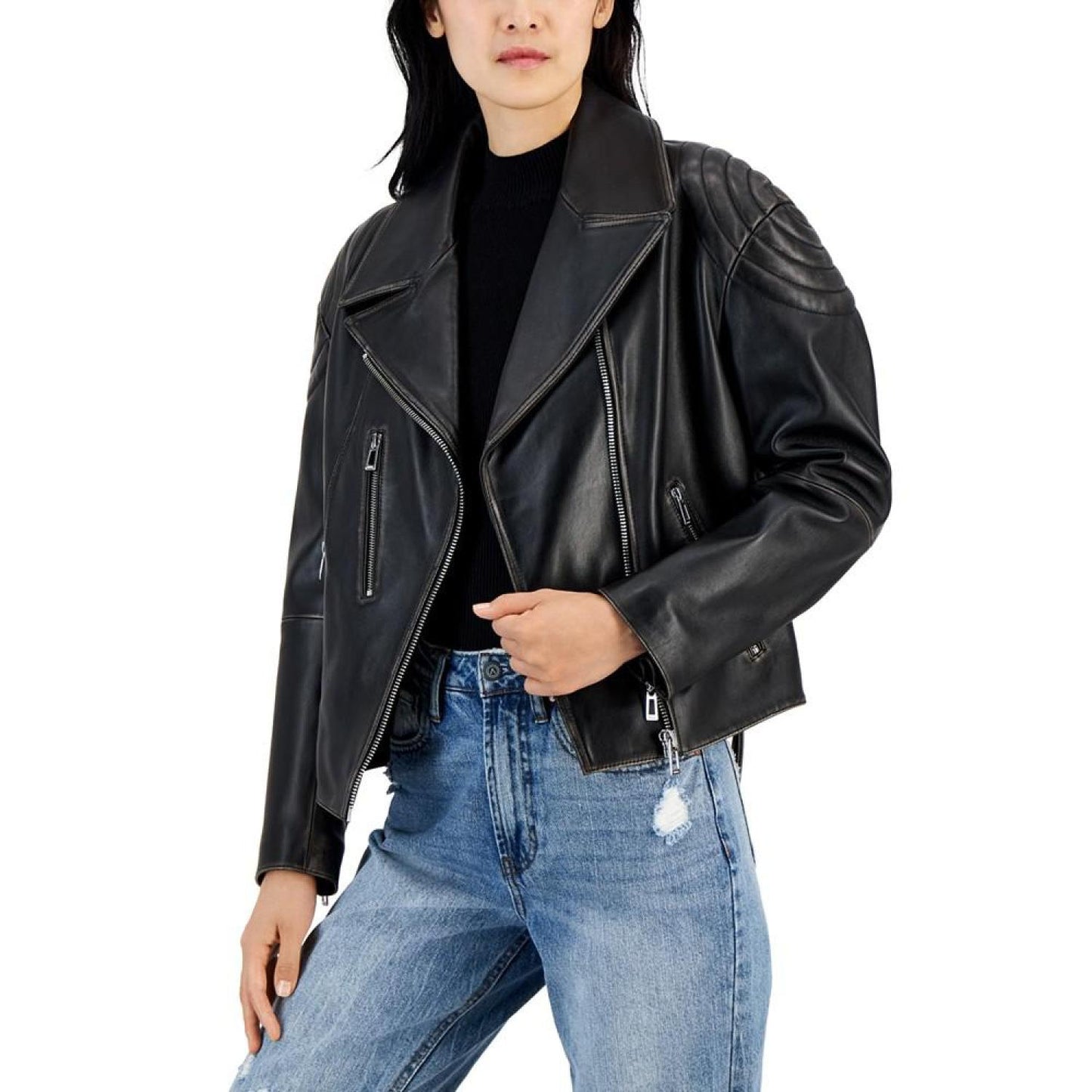 Women's Leather Zip-Sleeve Oversized Biker Jacket