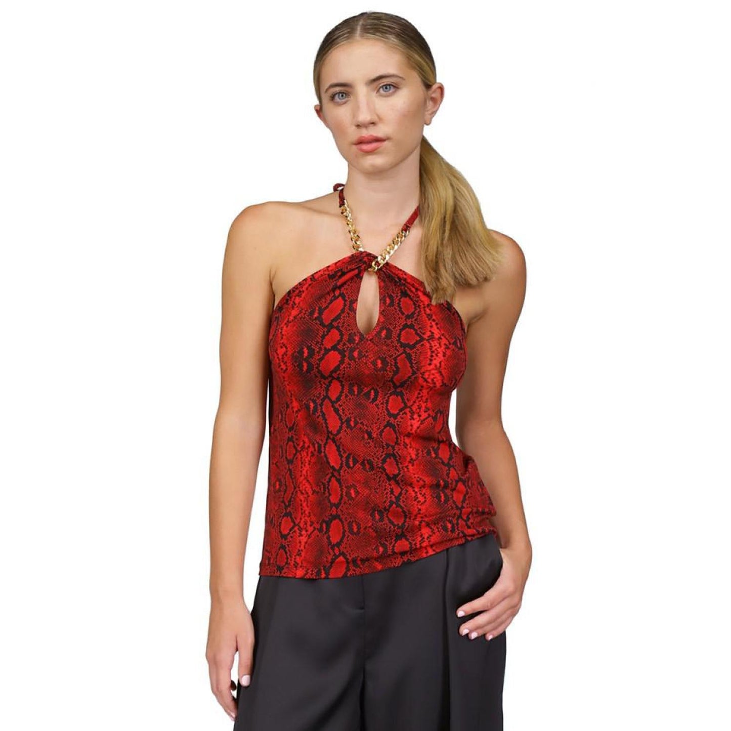 Women's Snakeskin-Print Chain-Neck Halter Top