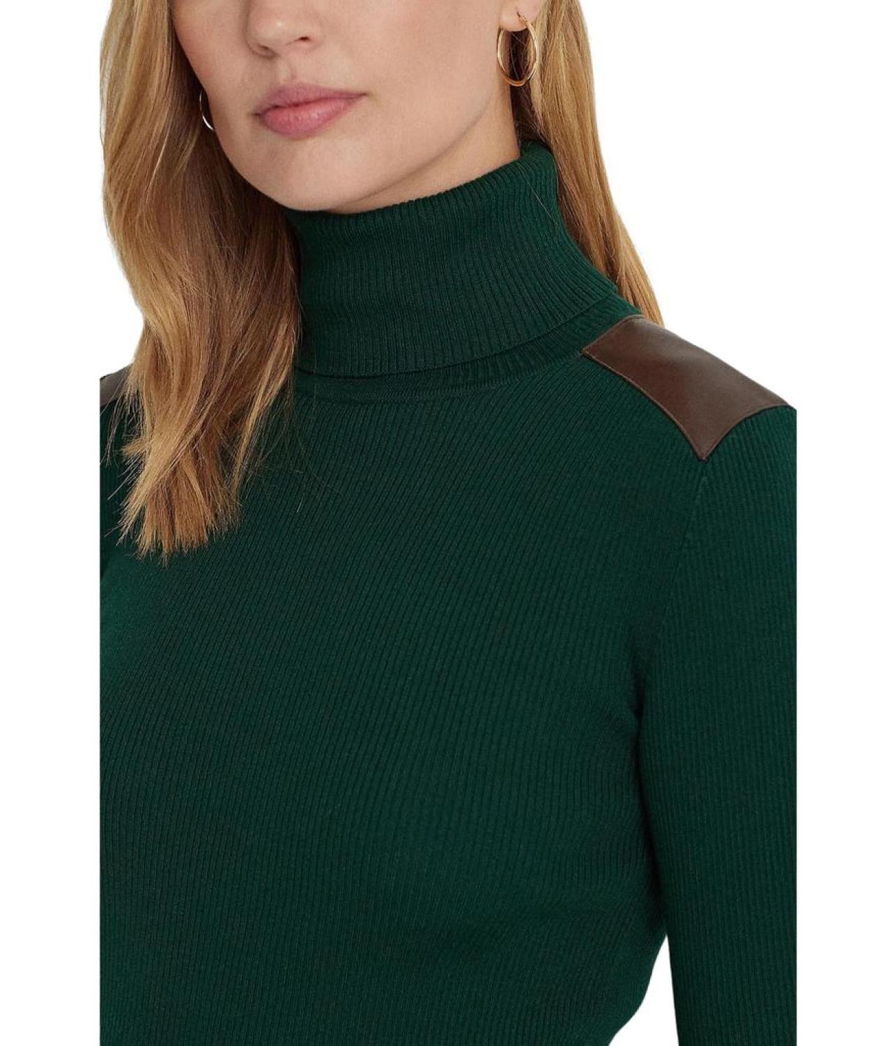 Faux Leather-Trim Ribbed Turtleneck