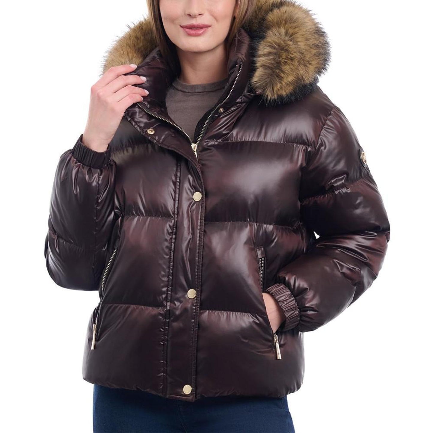 Women's Faux-Fur-Trim Hooded Bomber Puffer Coat