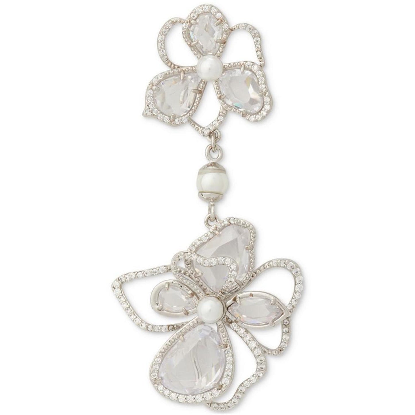 Silver-Tone Cubic Zirconia & Imitation Pearl Flower Double Drop Earrings