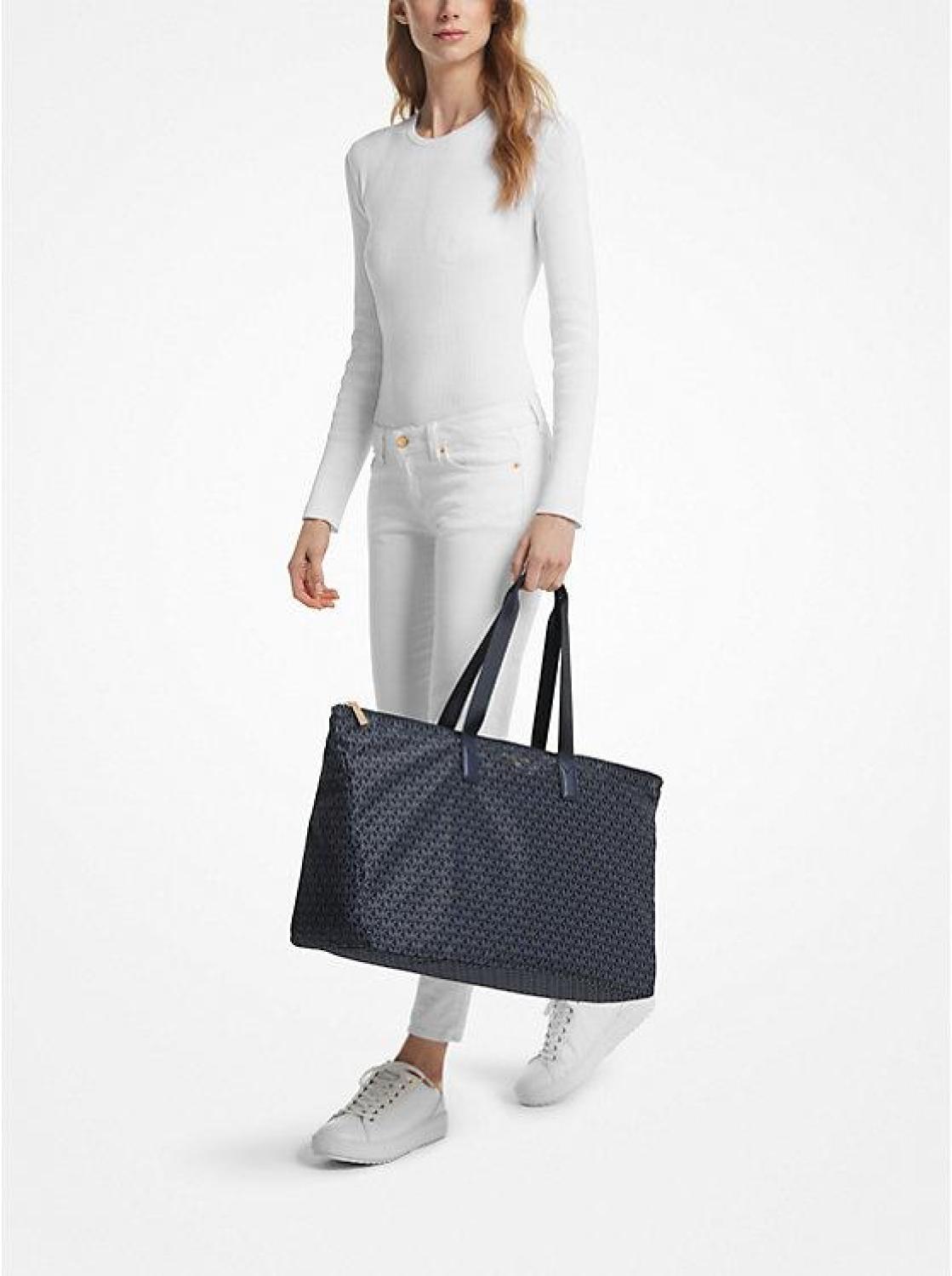 Jet Set Travel Large Signature Logo Print Woven Tote Bag