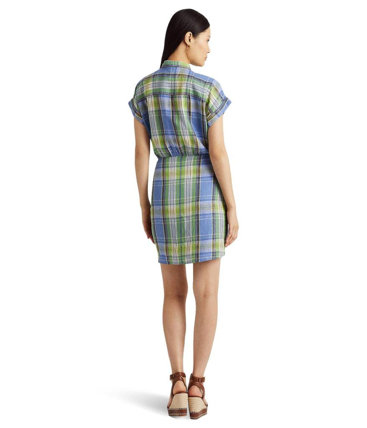 Petite Plaid Tie Front Linen Shirtdress