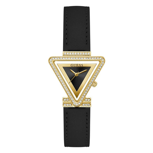 Women's Gold-Tone Glitz Black Genuine Leather Strap Watch, 34mm