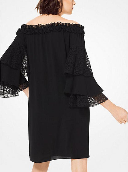 Silk-Georgette and Lace Off-The-Shoulder Dress