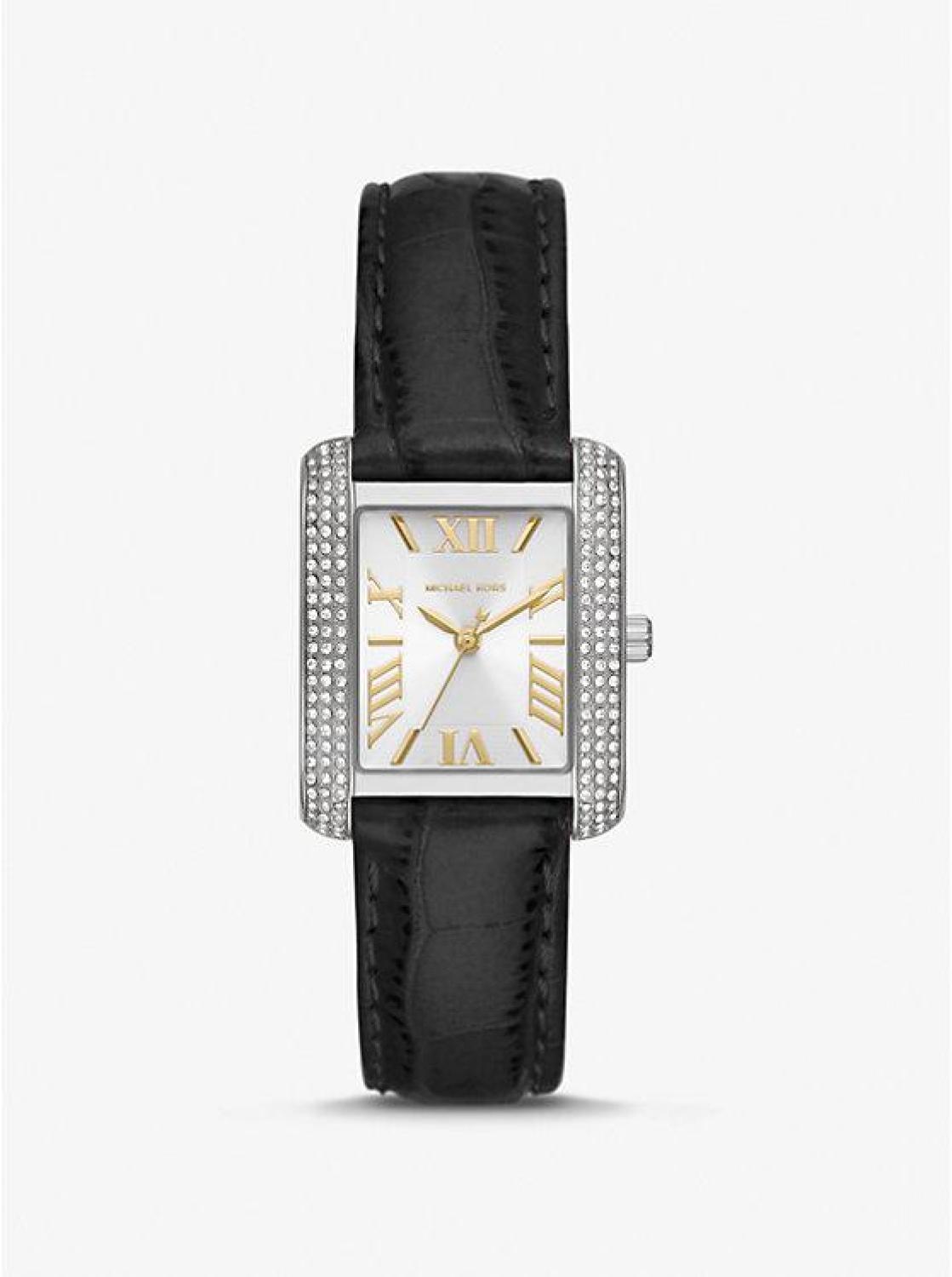 Mini Emery Pavé Silver-Tone and Crocodile Embossed Leather Watch