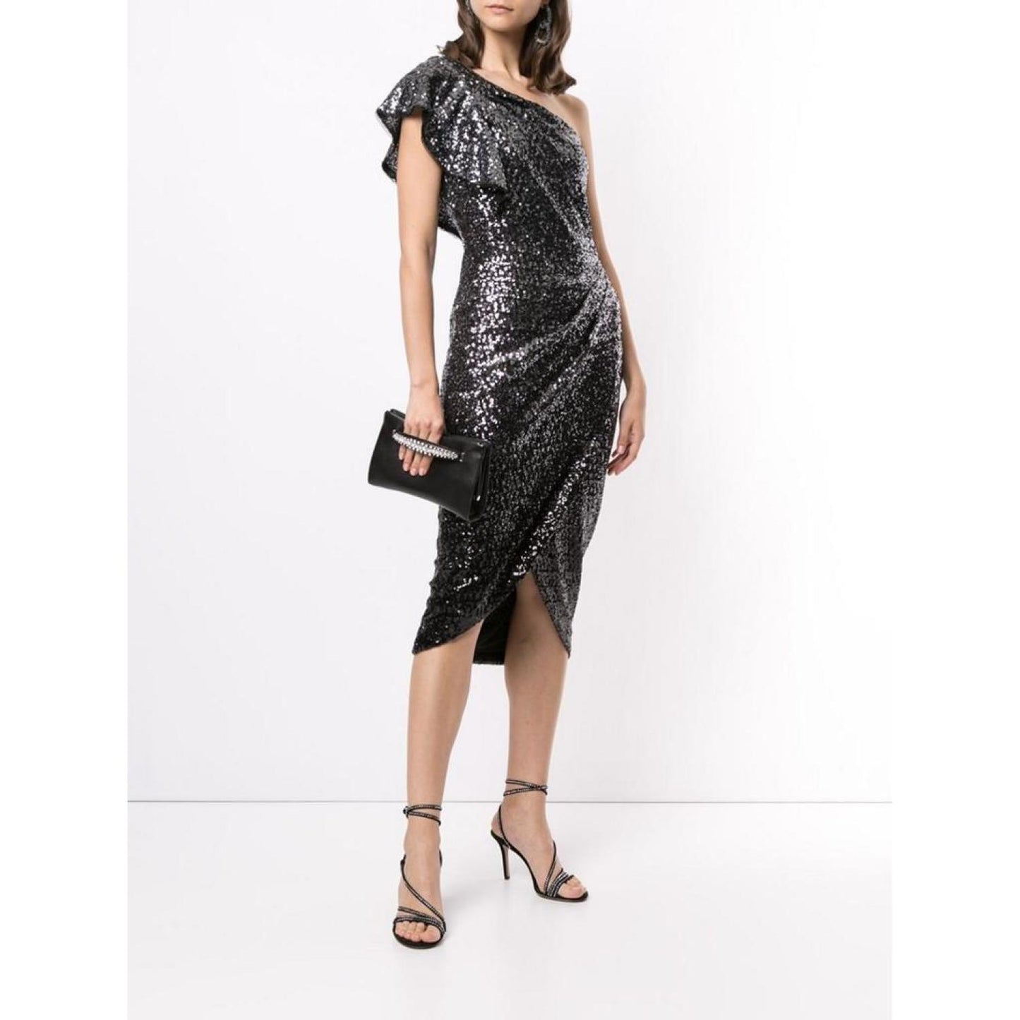 One Shoulder Sequin Wrap Tea-Length Dress