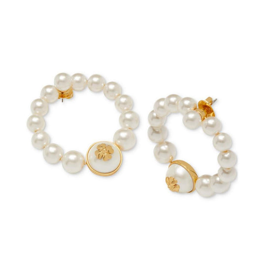 Gold-Tone Medium Spade Flower Emblem Imitation Pearl Front-Facing Hoop Earrings, 2"