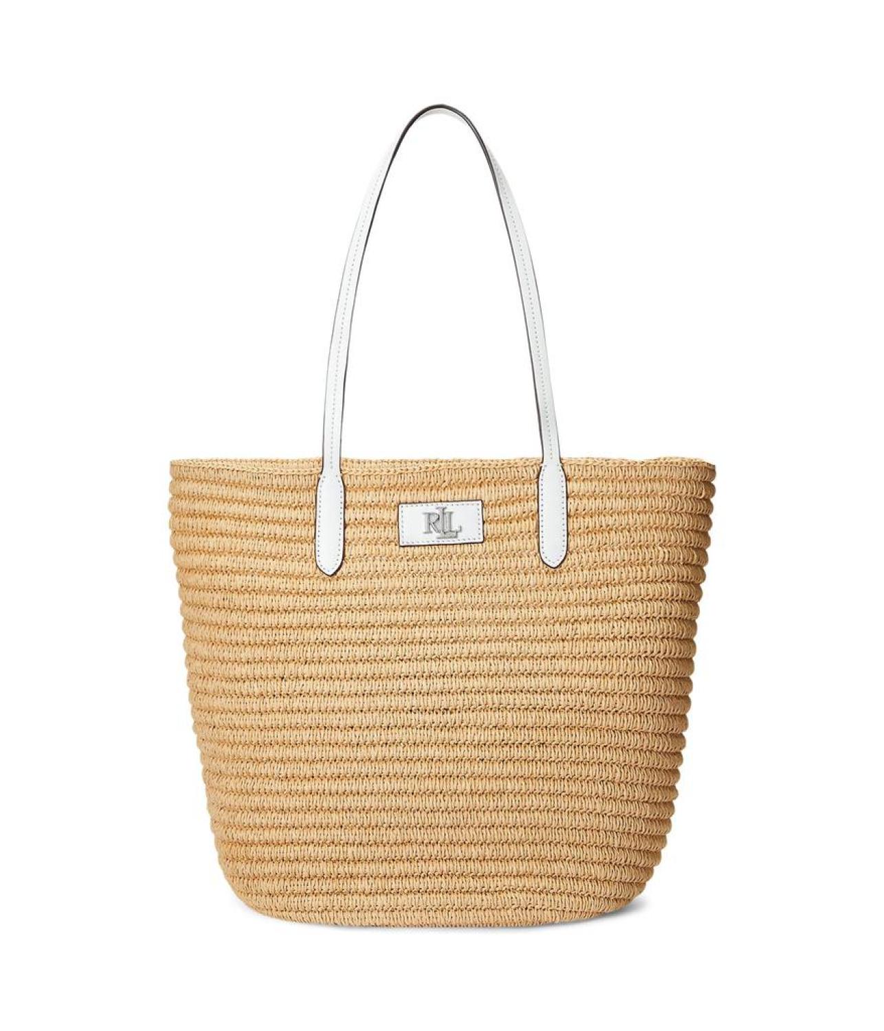 Brie Leather-Trim Straw Medium Tote Bag