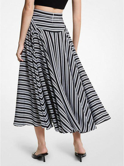 Striped Organic Silk Crepe De Chine Midi Skirt