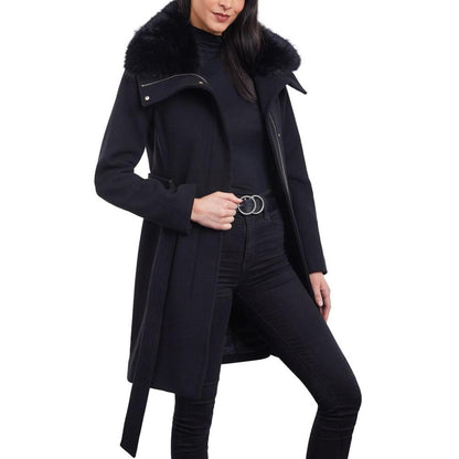 Women's Petite Belted Faux-Fur-Collar Coat