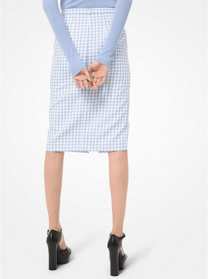 Gingham Cotton Slit-Front Pencil Skirt