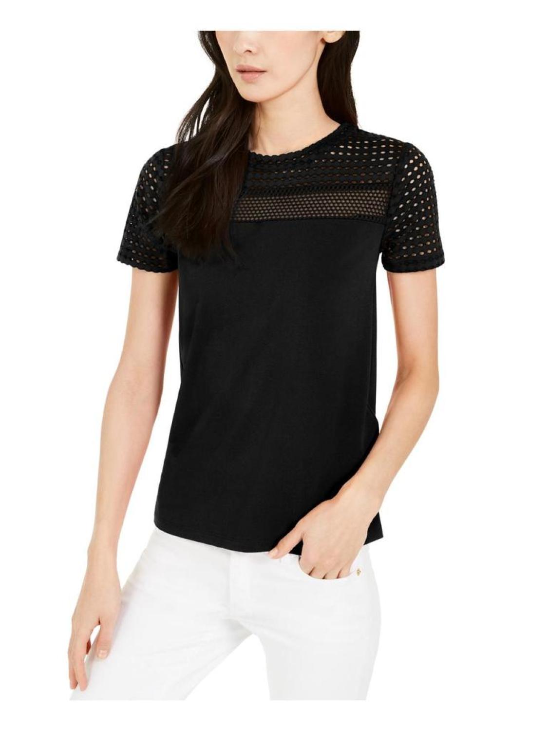 Petites Womens Mesh Illusion Top