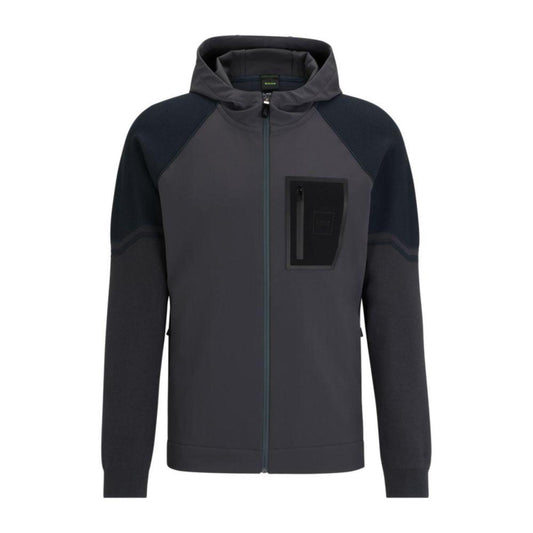 Mixed-material hooded jacket with signature pocket