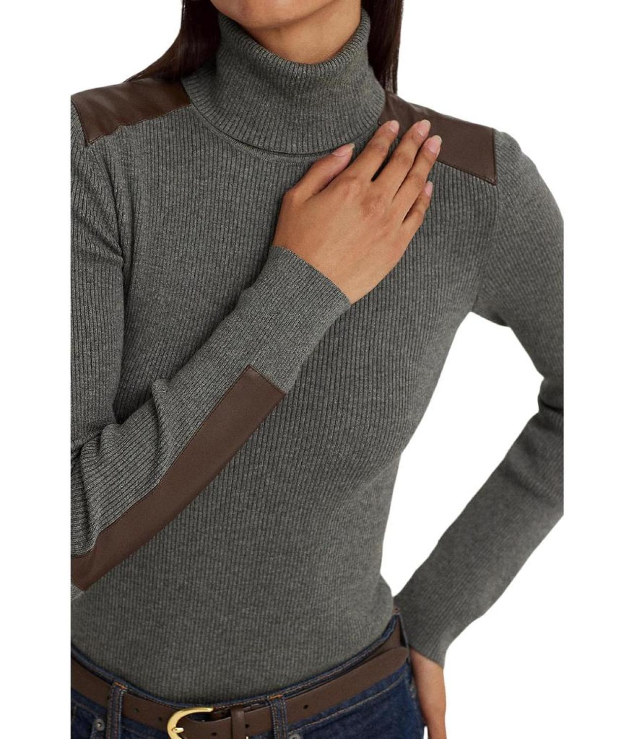 Faux Leather-Trim Ribbed Turtleneck