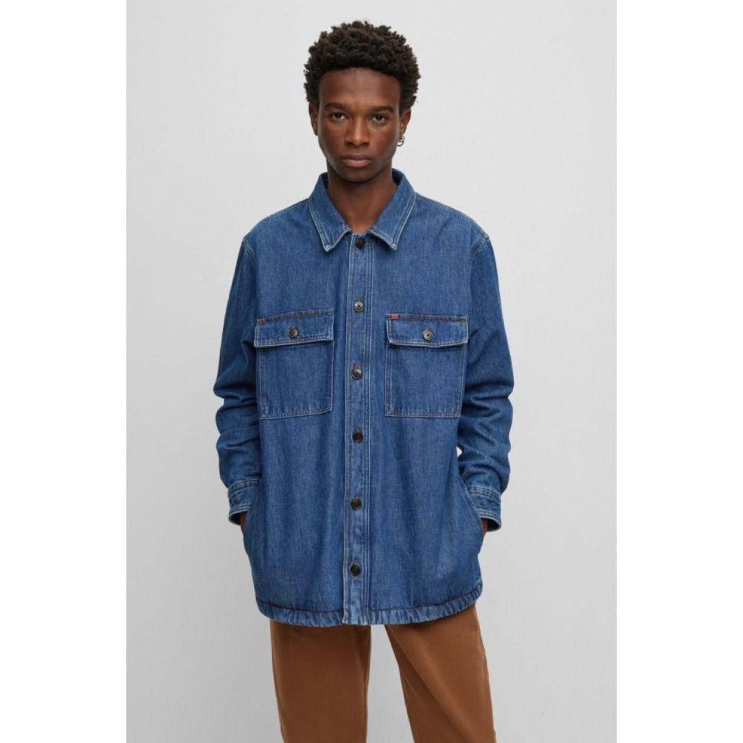 Oversized-fit overshirt in cotton denim and logo detail