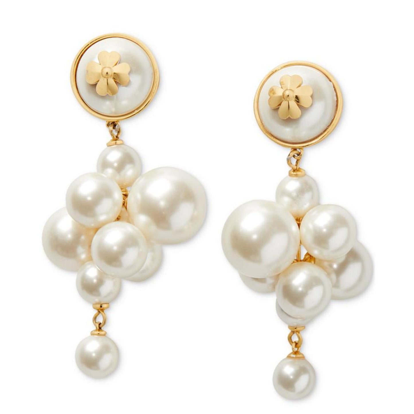 Gold-Tone Spade Flower Emblem Imitation Pearl Cluster Drop Earrings