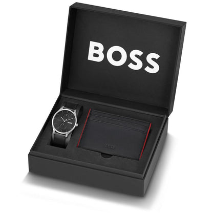 Men's Tyler Quartz Multifunction Black Leather Watch 43mm, Black Leather BOSS Card Holder Gift Set