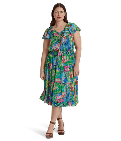 Plus Size Floral Crinkle Georgette Tiered Dress