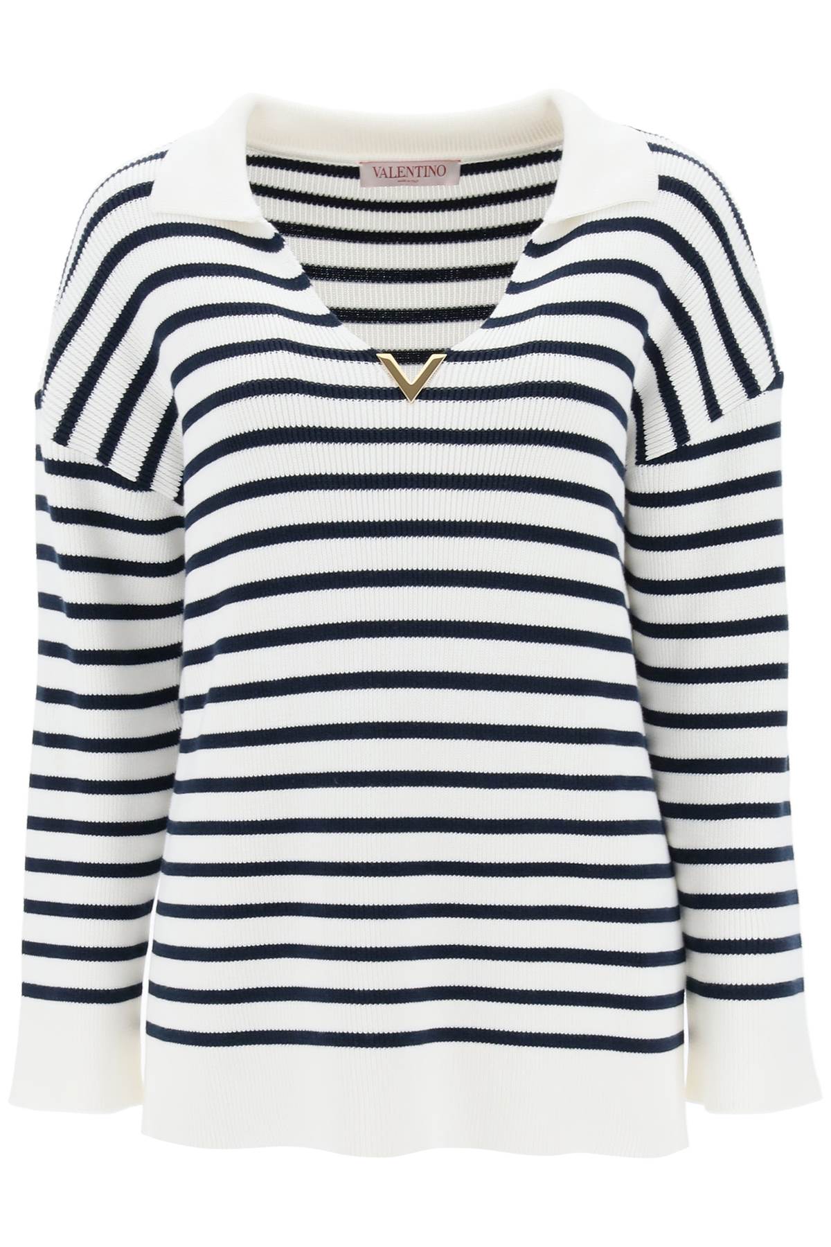 Valentino garavani striped cotton knit sweater with v gold detailing