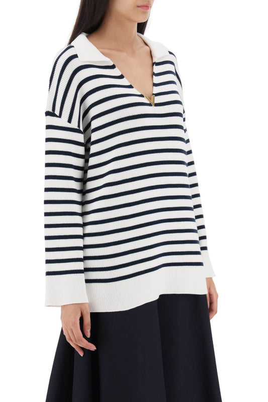 Valentino garavani striped cotton knit sweater with v gold detailing