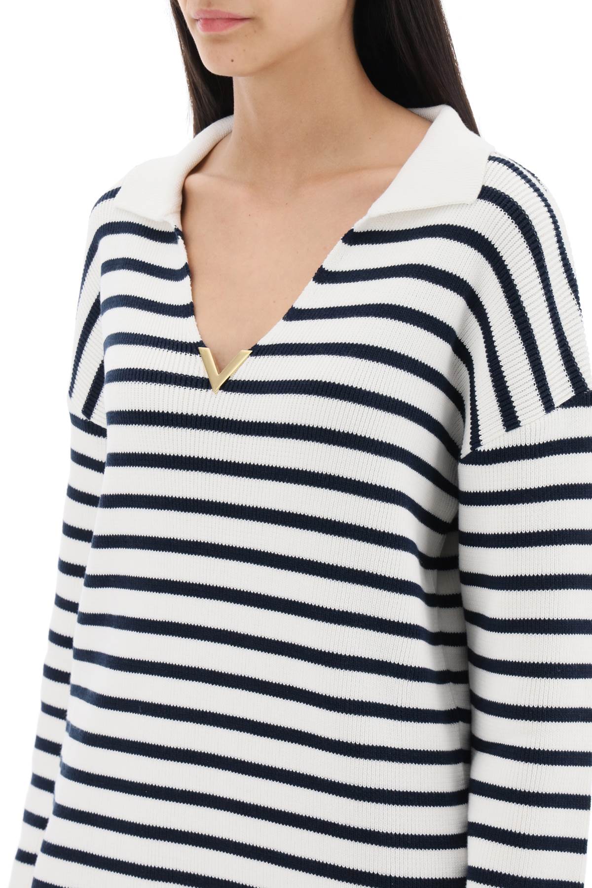 Valentino garavani striped cotton knit sweater with v gold detailing