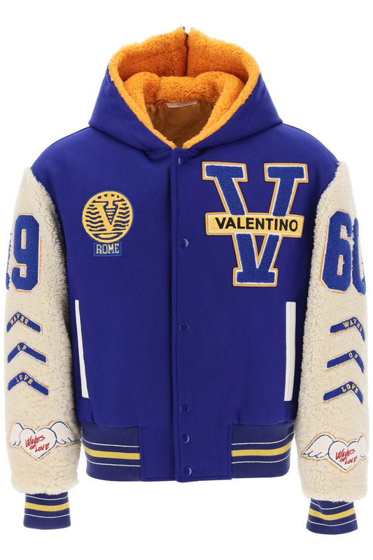 Valentino garavani varsity bomber jacket with shearling sleeves