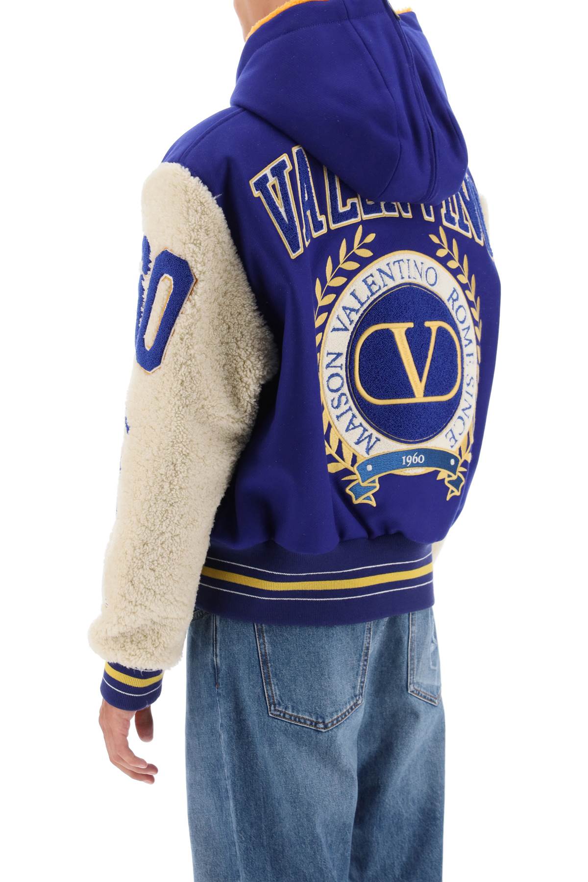 Valentino garavani varsity bomber jacket with shearling sleeves