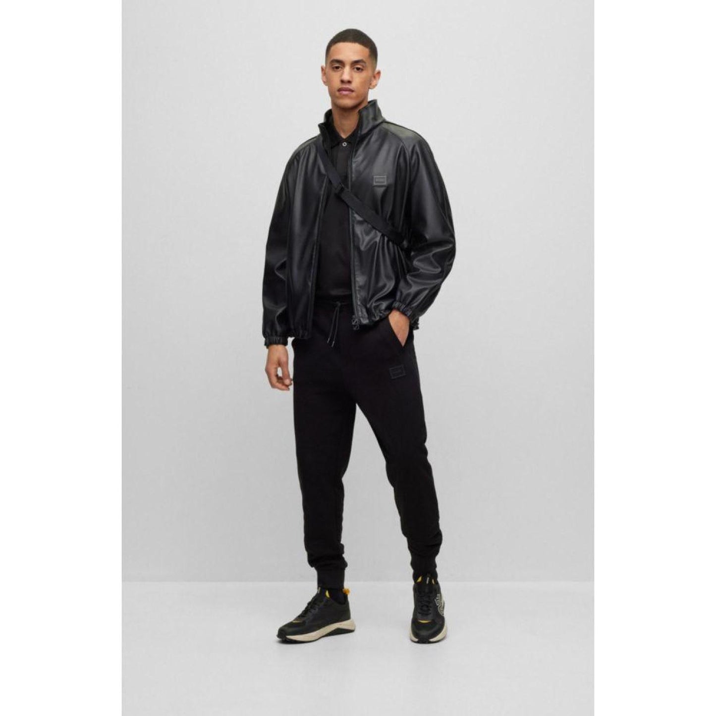 Faux-leather relaxed-fit jacket with framed logo