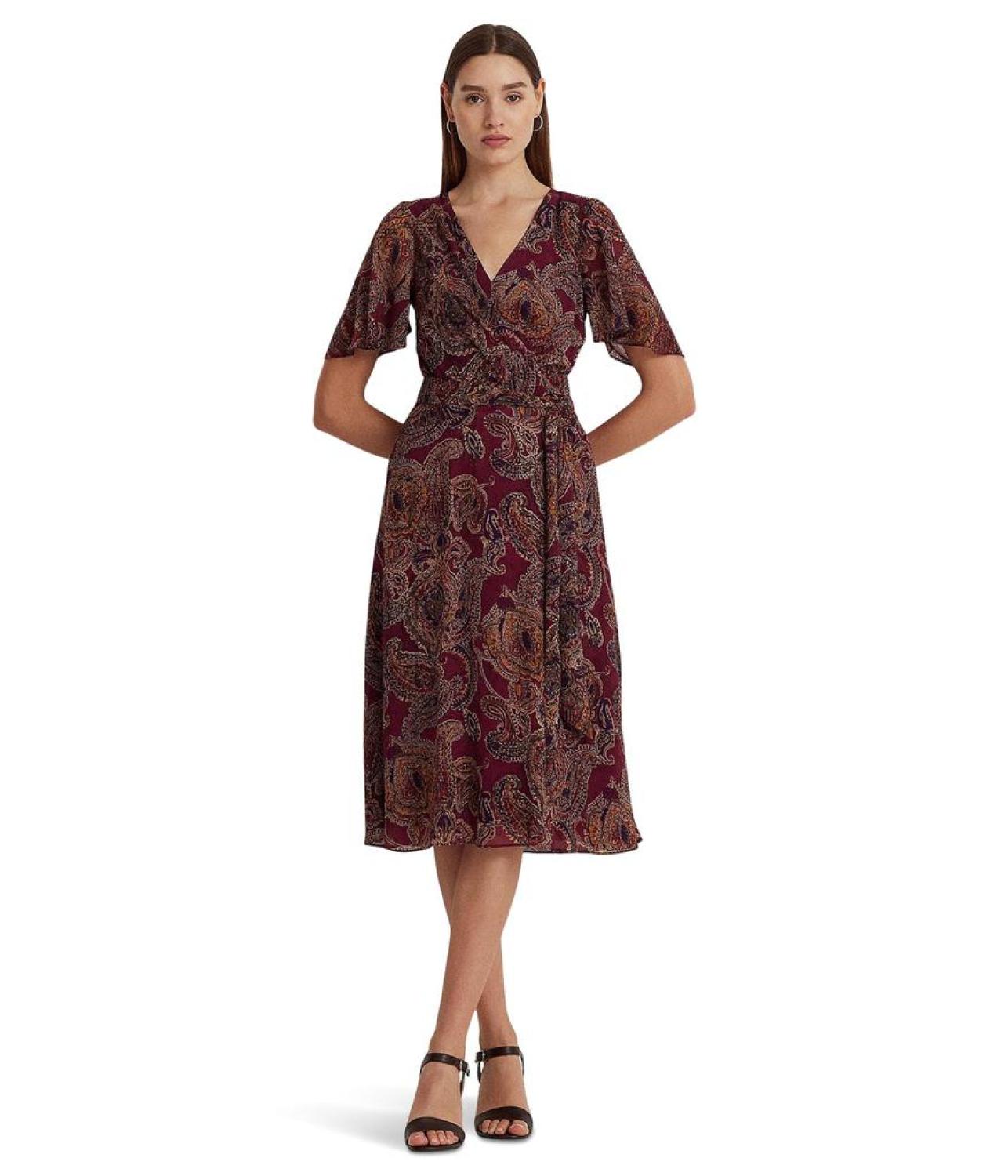 Paisley Crinkle Georgette Flutter-Sleeve Dress