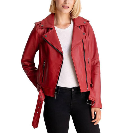 Moto Belted Zip Up Leather Jacket In Scarlet