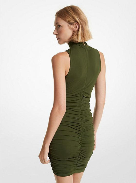 Ruched Matte Jersey Turtleneck Dress