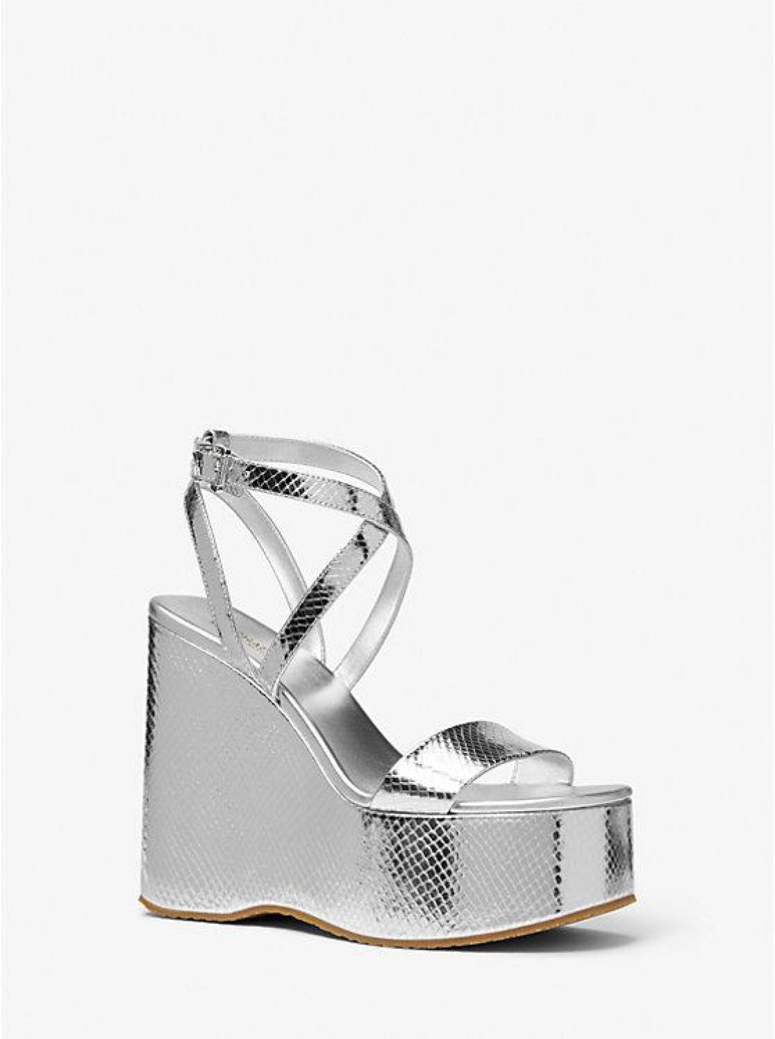 Paola Metallic Snake Embossed Leather Wedge Sandal