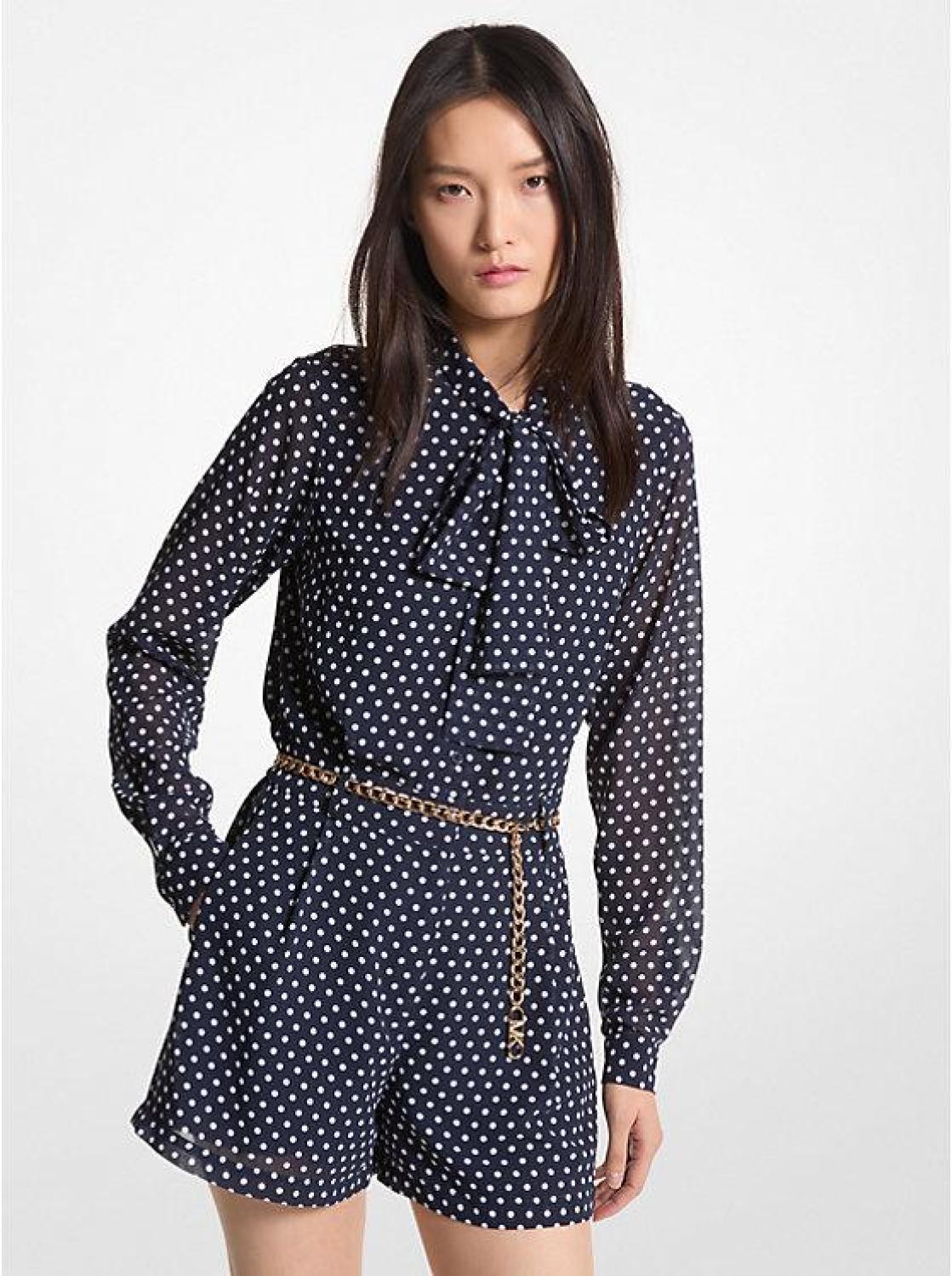 Polka Dot Georgette Belted Tie-Neck Romper