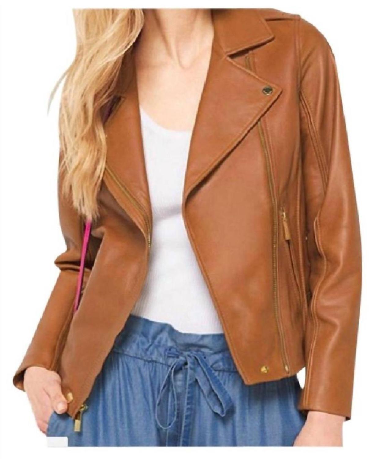 Women Luggage Leather Moto Jacket In Cognac