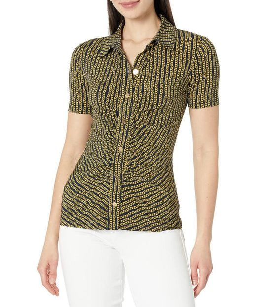 Print Button Front Ruched Top