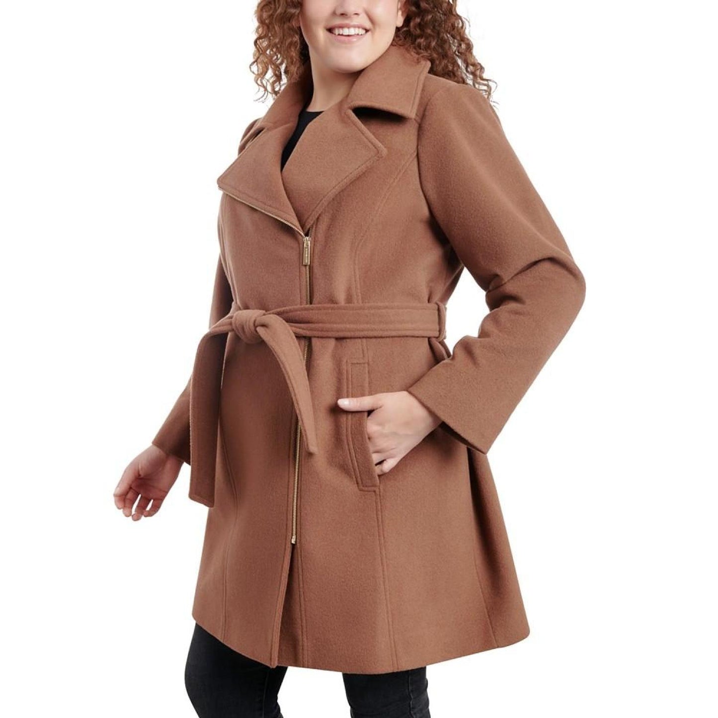 Women's Plus Size Asymmetric Belted Wrap Coat