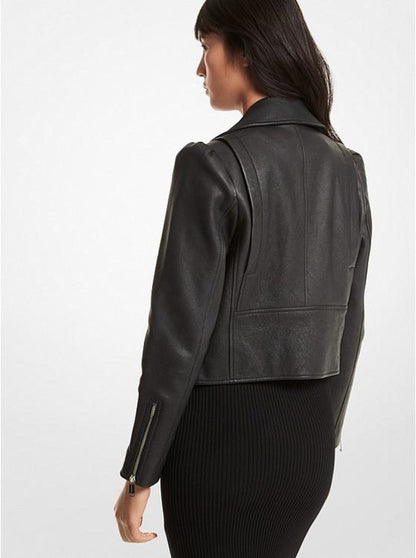 Pebbled Leather Puff-Sleeve Moto Jacket