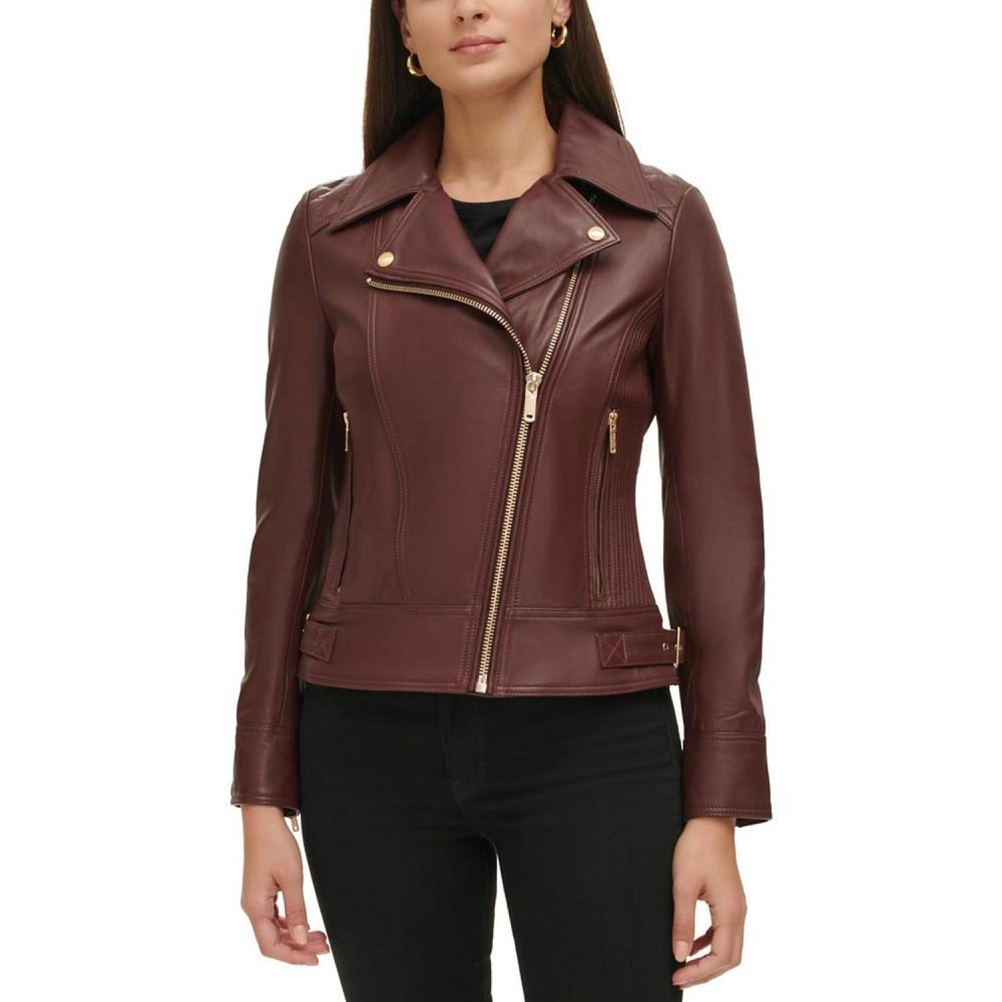 Women's Petite Quilted-Sleeve Leather Moto Coat, Created for Macy's