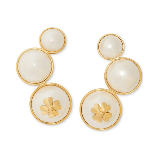 Gold-Tone Spade Flower Emblem Imitation Pearl Drop Earrings